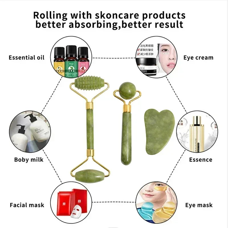 "Rodillo de Jade Natural y Gua Sha para Masaje Facial y Corporal"