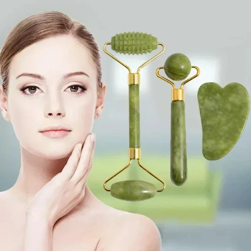 "Rodillo de Jade Natural y Gua Sha para Masaje Facial y Corporal"