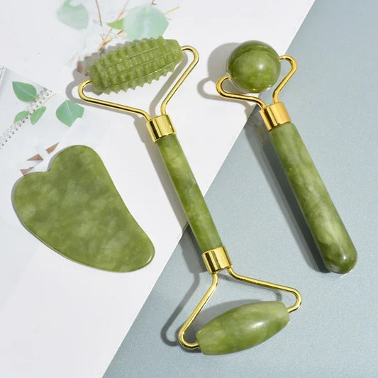 "Rodillo de Jade Natural y Gua Sha para Masaje Facial y Corporal"